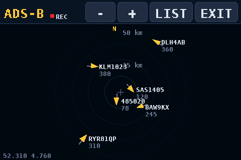 P4 SDR's ADS-B map: aircraft with callsigns and altitudes inside range rings