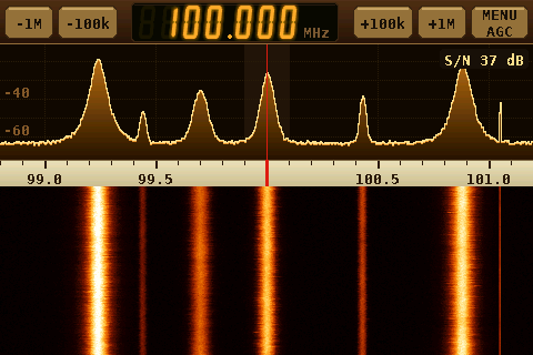 The receiver in the Vintage look: an amber spectrum over a waterfall at 100.000 MHz